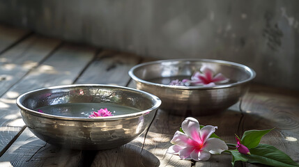 Traditional Thai Songkran still life with silver bowls and flowers