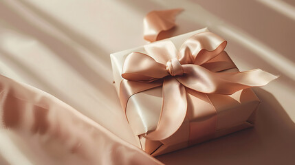 beautifully wrapped gift box with satin ribbon on soft surface, perfect for special occasions