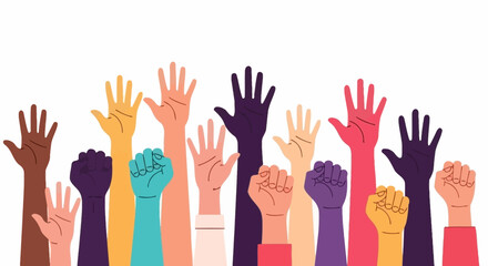 Obraz premium Diverse Hands Raised in Unity and Support, Symbolizing Teamwork and Community Strength