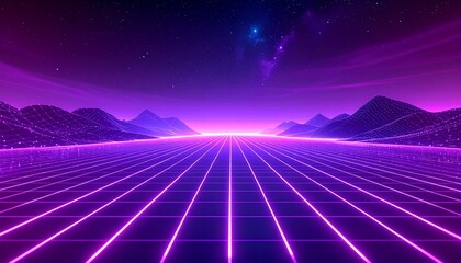 Futuristic neon grid landscape with glowing purple horizon and starry sky. Ideal background for technology, AI, metaverse, digital innovation, and sci-fi concepts.