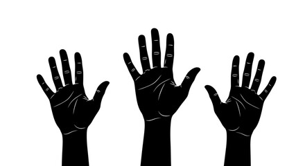 Three Raised Black Hands Silhouette Against White Background, Representing Unity and Support