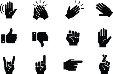 Hand gesture solid icon set with applause thumbs up down pointing fist stop peace signs silhouettes vector collection © Vactor Itbd