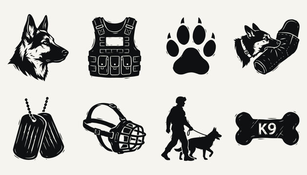 K9 Working Dog Icons Set German Shepherd and Police Equipment Vectors