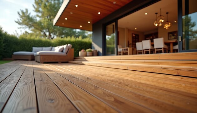 Warm wooden deck with modern lounge furniture leads to open house interior. Sunny backyard offers relaxing outdoor living space with green hedge. Enjoying nature.