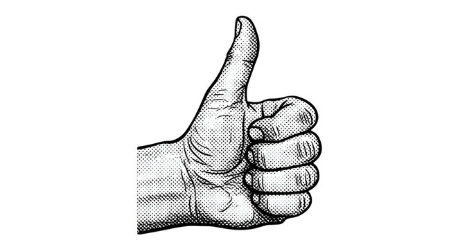 Classic halftone thumbs up gesture drawing representing approval and positive feedback