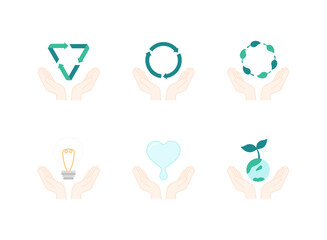 ティールグリーンの矢印を三角形に配置したメビウスの輪のようなリサイクルマークを両手で支え資源の再利用と循環型社会への貢献を表現したアイコン｜三角形と円形のリサイクル矢印・葉のリース・電球・水滴型ハート・地球と新芽を両手で大切に支えるSDGsおよび環境保護活動イメージのフラット線画アイコンセット
