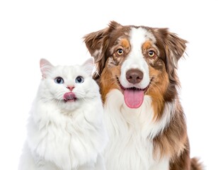 Fototapeta premium A white cat and brown dog posing together