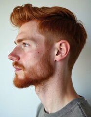 Obraz premium Man with red hair and beard in profile view. He has blue eyes and freckles on his face and neck. He looks to the side with a neutral expression.