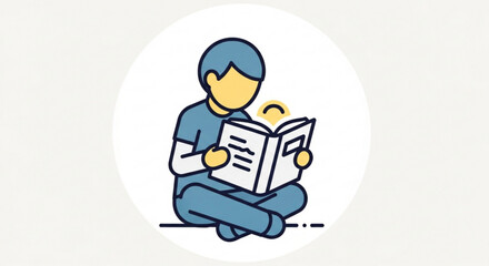 Man sitting cross legged reading book to child in casual outfit on white background