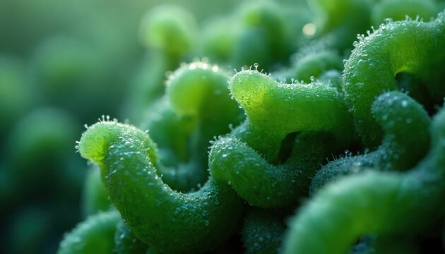 Close-up macro view of bright green spirulina cyanobacteria. Tiny water droplets cling to coiled, textured strands, showing intricate biological detail. Background is soft green blur.