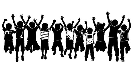 Diverse Group of Happy Children Silhouettes Jumping with Joy in a