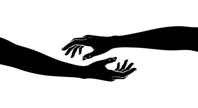 Silhouette of Two Reaching Hands Connecting in a Gesture of Support and Hope