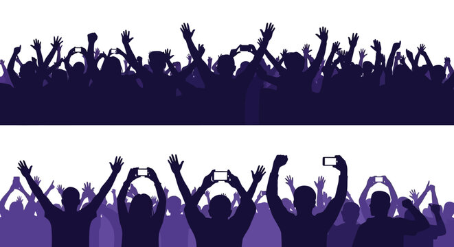 Excited Crowd Silhouettes with Hands Raised at a Concert or Event, Capturing Memories