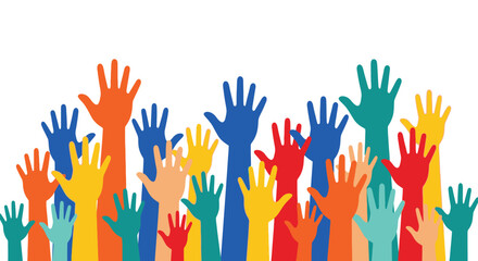 Diverse Hands Raised Together in Colorful Unity for Celebration and Participation