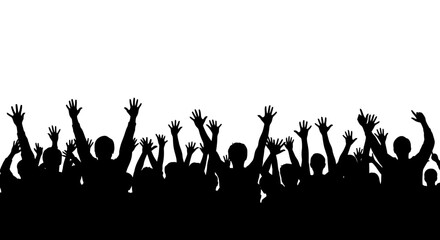 Silhouette of a Cheering Crowd with Raised Hands Against a White Background