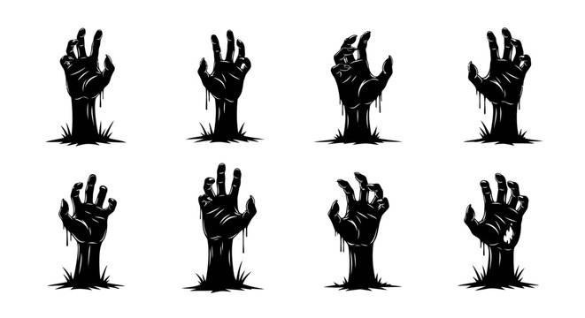 Creepy Zombie Hands Rising From Ground Vector Illustration - Spooky Halloween Graphic Elements