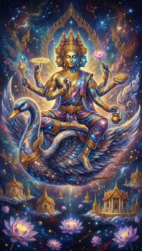 authentic human lifestyle concept Celestial Brahma, Hindu God of Creation, riding a cosmic swan through a galaxy of stars and temples. Mystical fantasy digital art. modern commercial stock usage