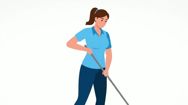 Vector illustration of a determined woman in work uniform diligently mopping a floor, symbolizing cleaning, hygiene, and maintenance tasks performed with care and precision