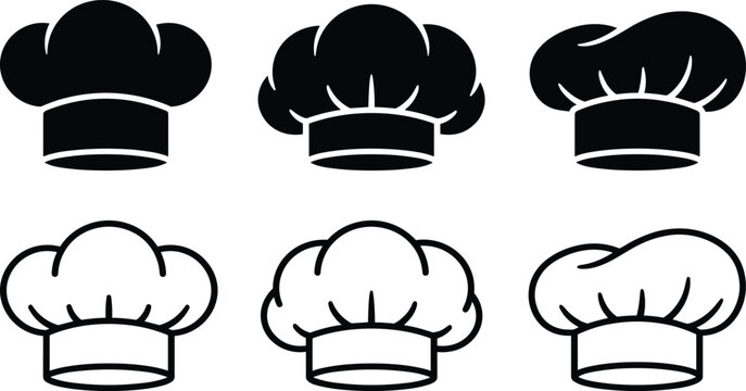 Chef Hat Silhouette and Outline Icons &ndash; Stylized Culinary Headwear Designs for Restaurant Branding, Kitchen Logos, Cooking Apps, and Food Industry Graphics
