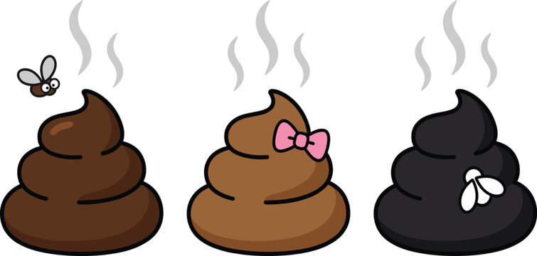 Funny Cartoon Feces Silhouettes &ndash; Whimsical Illustration Featuring Flies, Steam, and Bow-Tied Poop Characters for Humor, Emoji, or Comedic Design Use