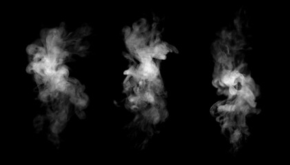 Set of three abstract white smoke or vapor shapes isolated on black background, realistic fog texture for overlay and visual effects, steam movement, mystery atmosphere, dramatic design element. © wasan