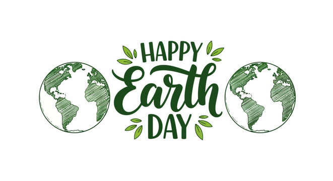 Happy Earth Day Green Brush Stroke Globe Illustration with Leaves