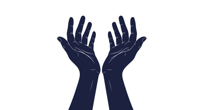 Open Hands Reaching Upward Silhouette Against White Background, Symbolizing Hope and Prayer