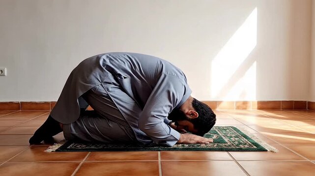 A bearded man in traditional clothing performing the Sujud position during Islamic Salah prayer on a decorative rug in a sunny indoor house