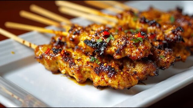 Delicious grilled chicken satay on skewers with spicy sauce