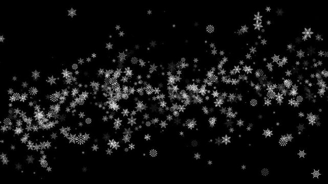 black and white snowflake flying background animation with alpha channel