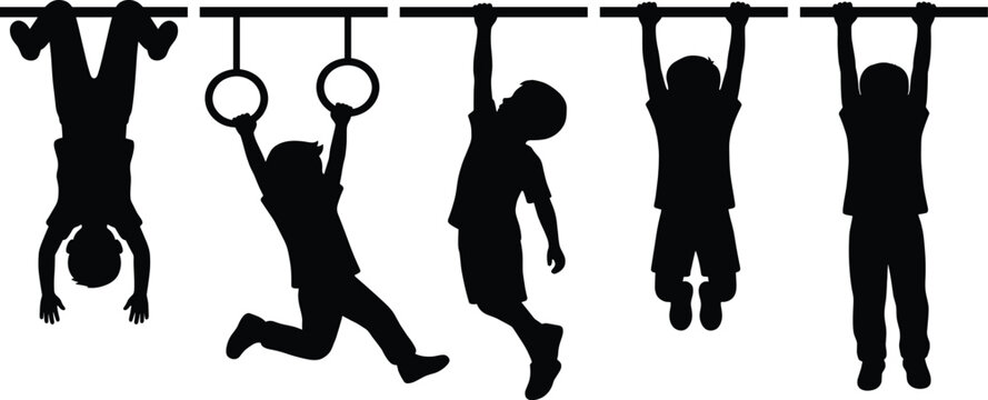 Silhouette of Children on Playground Bars &ndash; Dynamic Illustration of Hanging, Swinging, and Upside-Down Play Capturing Physical Activity and Outdoor Fun