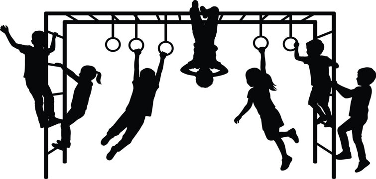 Silhouette of Children Playing on Monkey Bars &ndash; Energetic Playground Scene Illustrating Physical Activity, Fun, and Social Interaction in Outdoor Recreation