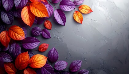 Vibrant autumn leaves in shades of orange and purple cascade over textured gray background