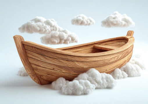 Wooden rowboat on fluffy cloudscape