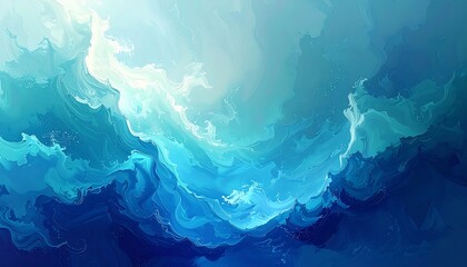 A serene ocean scene with swirling blue waves and cloudy sky