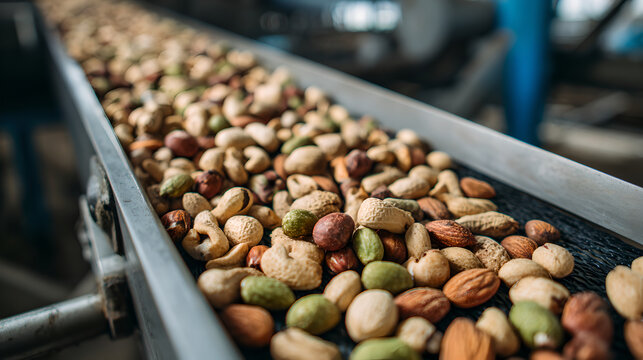 Industrial processing line carrying organic assortment of healthy mixed nuts and seeds 