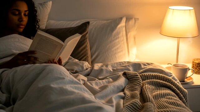Woman Relaxing in Bed with Book and Lamp.