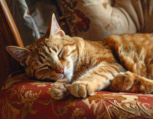 A serene orange tabby cat sleeps peacefully on a patterned chair