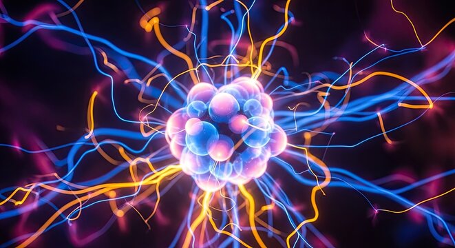 Abstract Depiction Of Microscopic World Revealing Complex Interconnectedness Of Atoms And Energy Transmission Forming Vibrant Network Of Intricate Patterns In Dark Ambiance