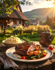A serene outdoor dining setting with a plate of food