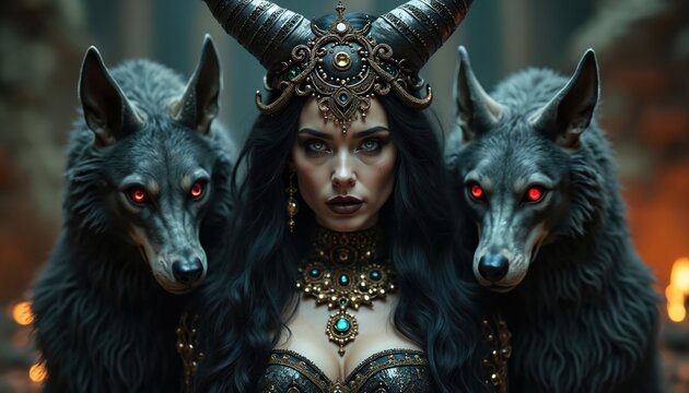Dark woman with horned crown and ornate necklace stands with two wolves. Wolves have red glowing eyes. Woman wears elaborate gothic outfit, appears powerful and mysterious. Scene is dark fantasy.