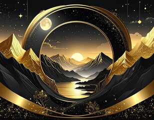 A serene mountain landscape at sunset with a gold and black color scheme