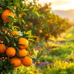 A serene orchard scene with lush trees bearing vibrant oranges