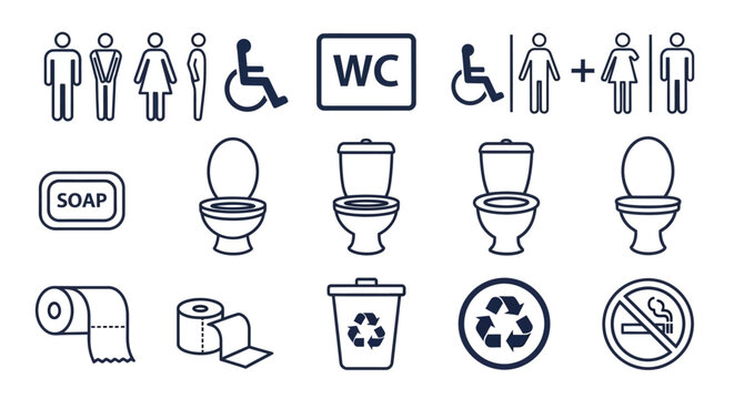 Collection of Modern Vector Icons for Public Restrooms, Amenities, and Facilities