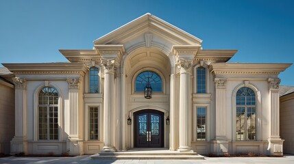 Obraz premium stately. The grand entrance of an elegant mansion, showcasing architectural beauty and symmetry under a blue sky. real-estate listings.