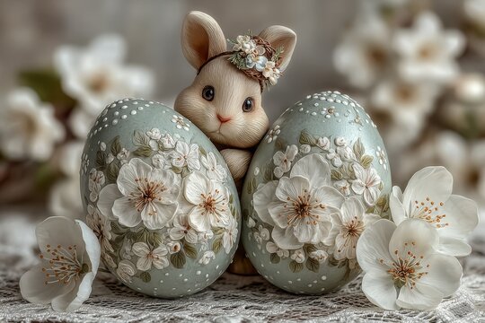 A charming bunny sits between two intricately painted floral eggs surrounded by soft blossoms, creating an elegant, whimsical Easter scene perfect for seasonal cards and decor.