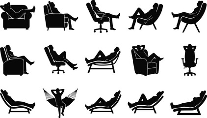 Obraz premium Silhouettes of People and Cat Relaxing in Various Chairs and Loungers – Comfort, Lifestyle, and Furniture Ergonomics in Vector Illustration Format