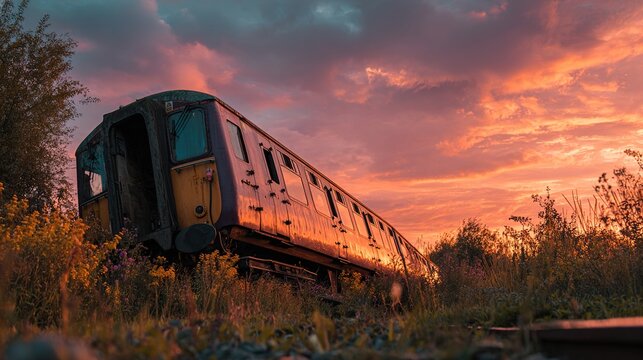 derailed. A derailed train carriage on its side on an abandoned overgrown railway. mobility guides, transit brochures, designed for mobility and urban transit guides, used by marketplace managers.