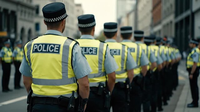Dynamic Line of Uniformed Police Officers in High-Visibility Vests on Urban City Street