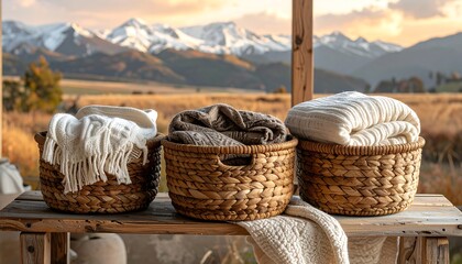 A serene outdoor setting with wicker baskets on a wooden table